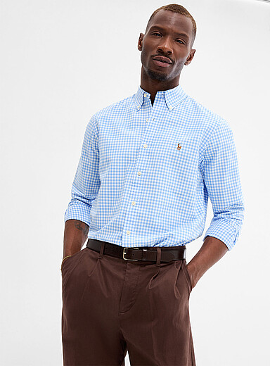Sky-blue gingham Oxford shirt <b>Classic fit</b>