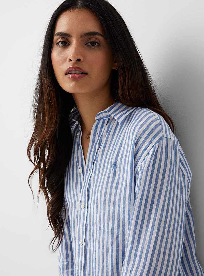 Polo Ralph Lauren: La chemise lin rayure binaire Bleu pour femme
