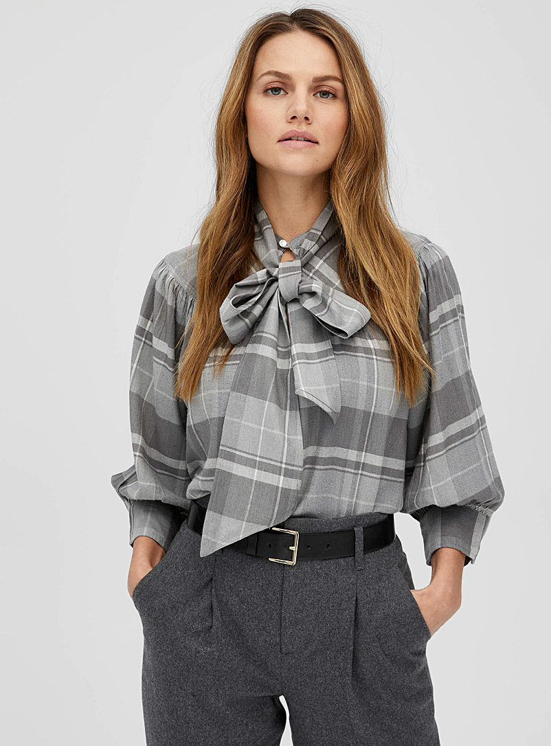 Polo Ralph Lauren Patterned Grey Checkered tie neck blouse for women