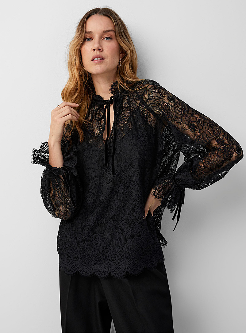 Polo Ralph Lauren: La blouse dentelle rubans velours Noir pour femme