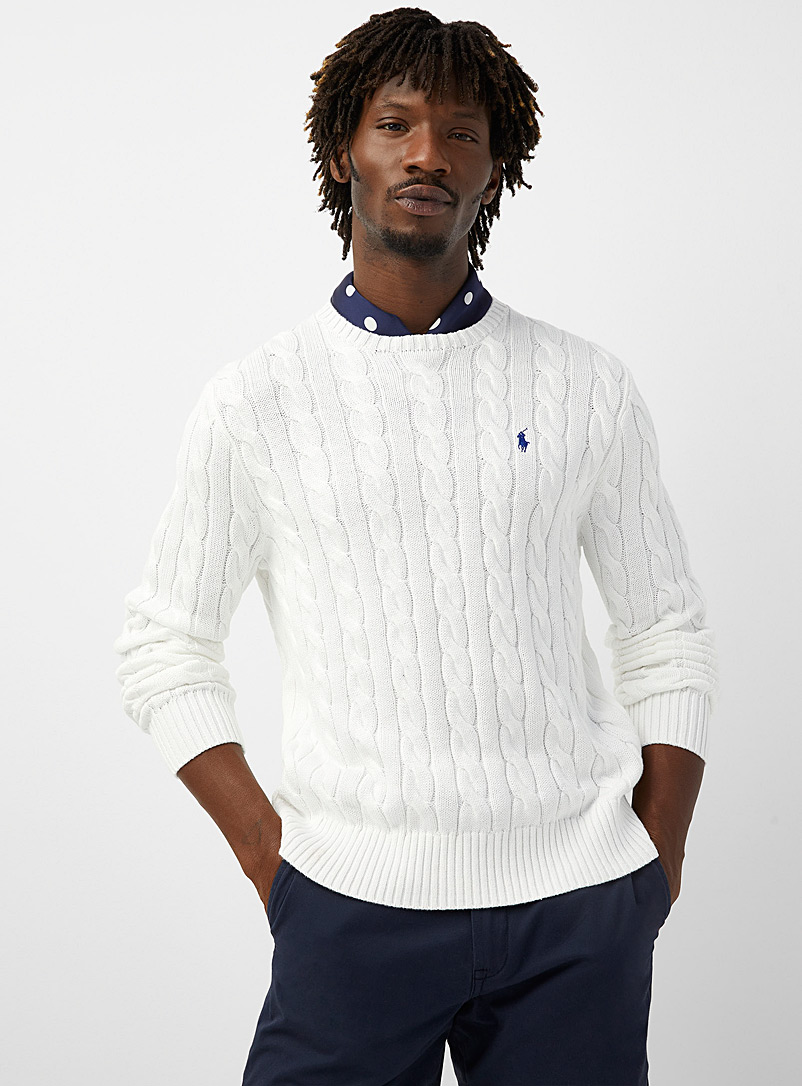 Polo Ralph Lauren: Le chandail câbles torsadés cavalier brodé Blanc pour homme