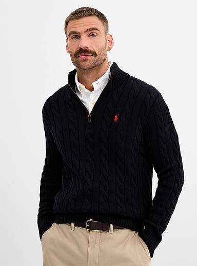 Twisted-cable zipped-collar sweater