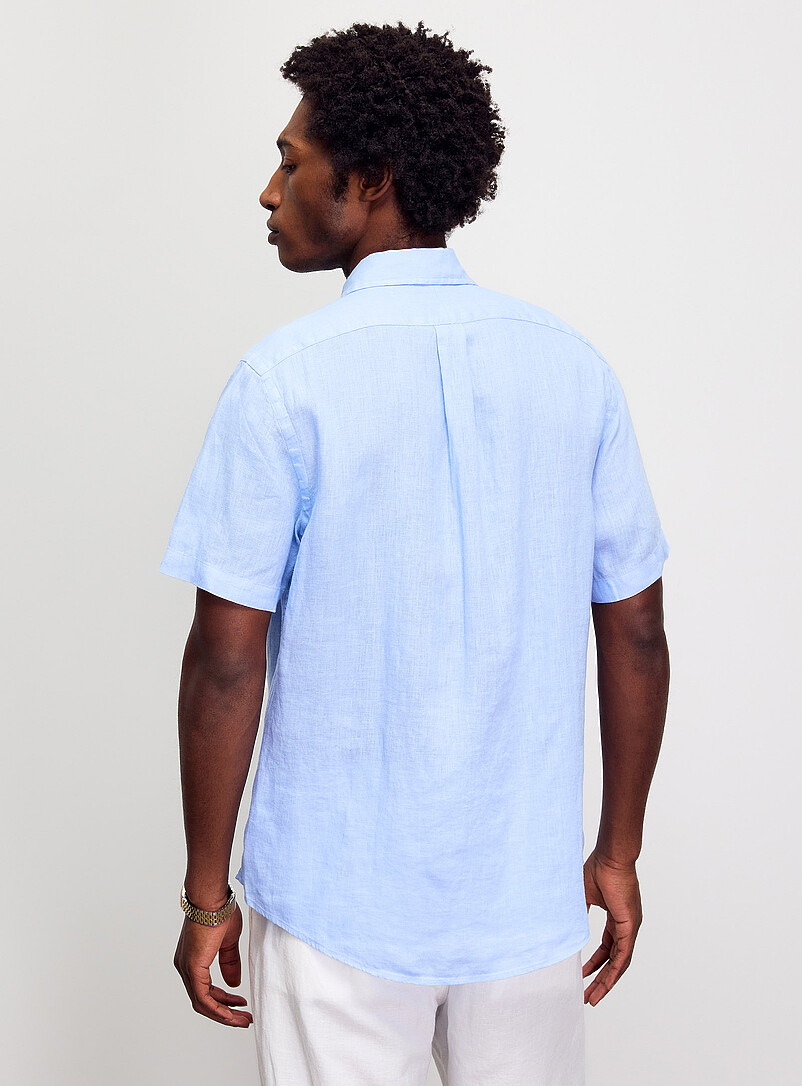 Polo Ralph Lauren Blue Embroidered-rider pure linen short sleeves shirt <b>Classic fit</b> for men