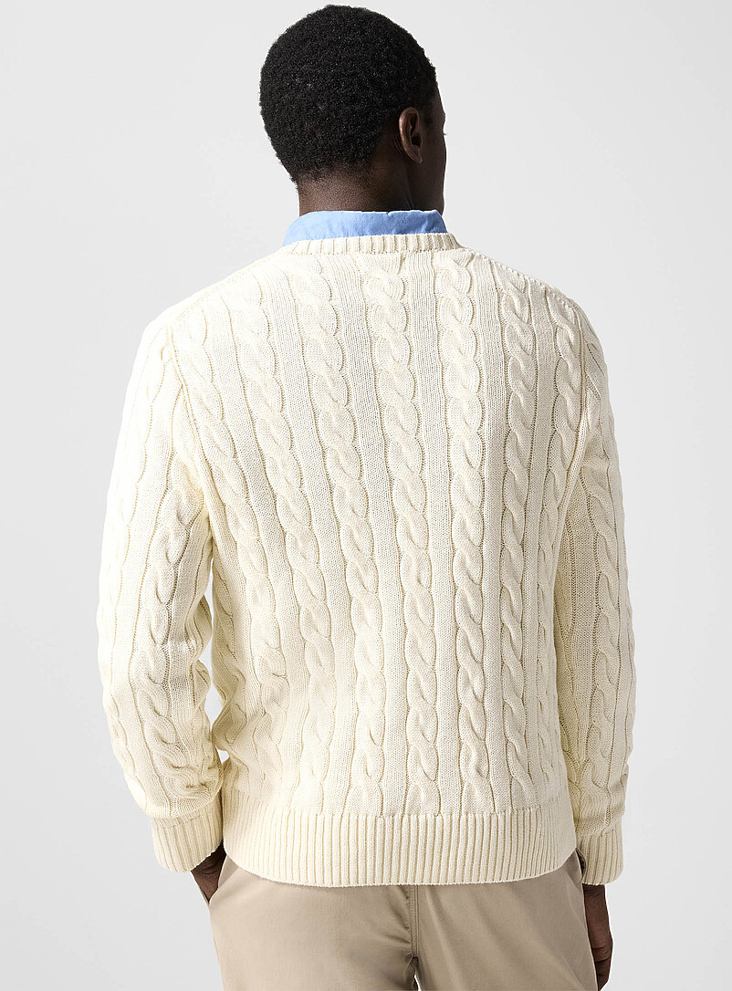 Polo Ralph Lauren: Le chandail c&acirc;bles torsad&eacute;s cavalier brod&eacute; Ivoire - Beige cr&egrave;me pour homme