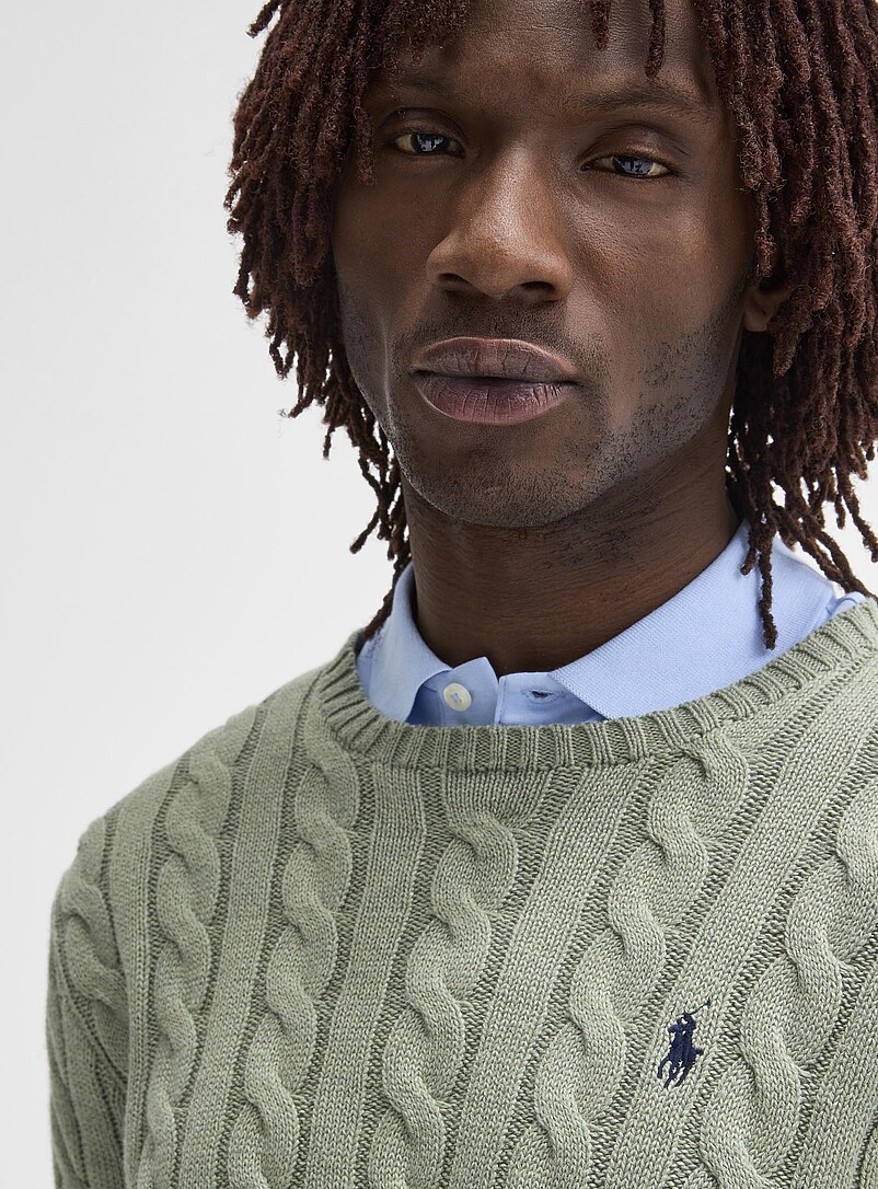 Polo Ralph Lauren: Le chandail c&acirc;bles torsad&eacute;s cavalier brod&eacute; Ivoire - Beige cr&egrave;me pour homme
