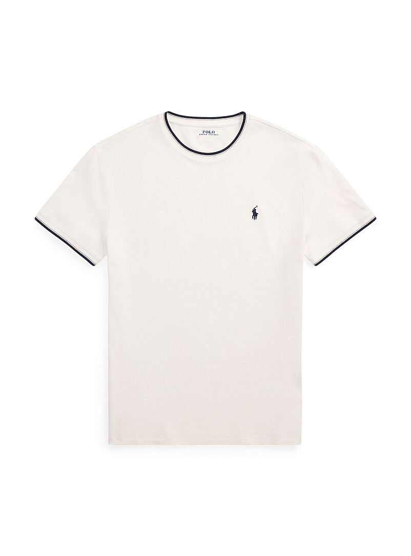 Polo Ralph Lauren: Le t-shirt bordures ray&eacute;es maille piqu&eacute;e Blanc pour homme