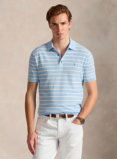 Twin-stripe linen-blend knit polo