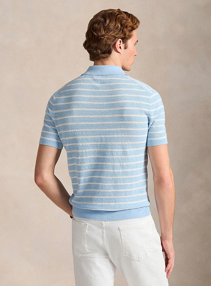 Polo Ralph Lauren: Le polo tricot touche de lin rayures binaires Bleu p&acirc;le - Bleu ciel pour homme