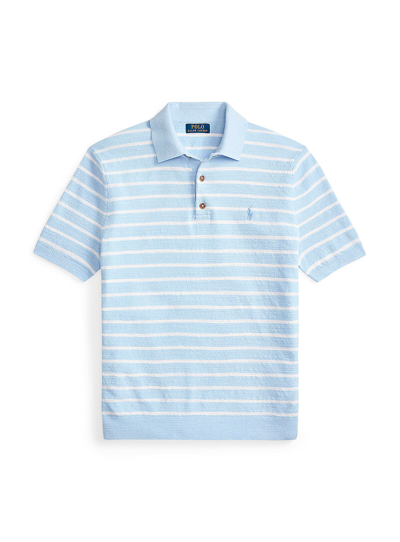 Polo Ralph Lauren: Le polo tricot touche de lin rayures binaires Bleu p&acirc;le - Bleu ciel pour homme