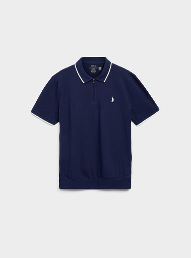 Polo Ralph Lauren: Le polo col zipp&eacute; cavalier brod&eacute; Bleu marine - Bleu nuit pour homme