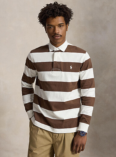 Polo Ralph Lauren Ivory/Cream Beige Club-stripe rugby polo for men