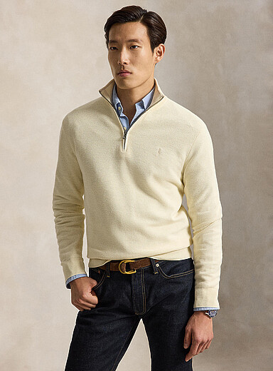 Polo Ralph Lauren: Le chandail col zipp&eacute; tricot alv&eacute;ole Ivoire - Beige cr&egrave;me pour homme
