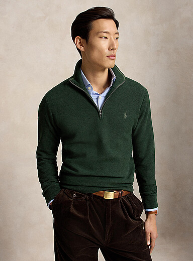 Polo Ralph Lauren: Le chandail col zipp&eacute; tricot alv&eacute;ole Vert pour homme