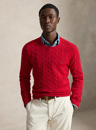 Polo Ralph Lauren: Le chandail c&acirc;bles torsad&eacute;s touche de cachemire Rouge pour homme