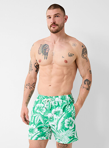 Exotic-print green swim trunk