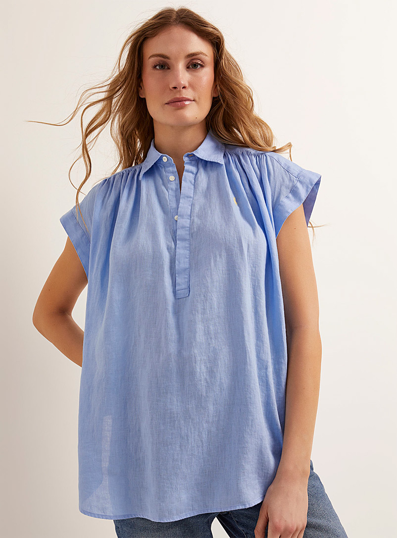 Polo Ralph Lauren Blue Pure linen ruched loose blouse for women
