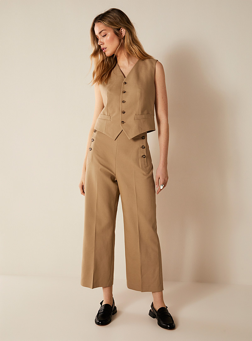 Polo Ralph Lauren: Le pantalon large court taille boutonnée Taupe pour femme