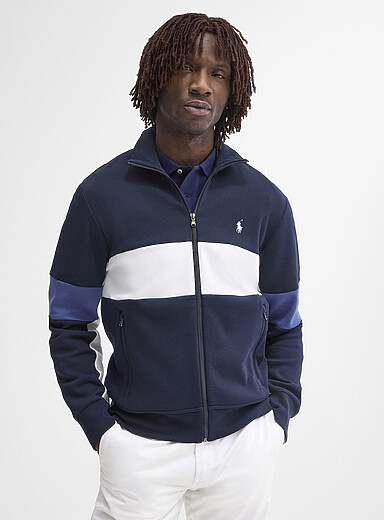 Polo Ralph Lauren: Le cardigan jersey piqu&eacute; tricolore Bleu marine - Bleu nuit pour homme