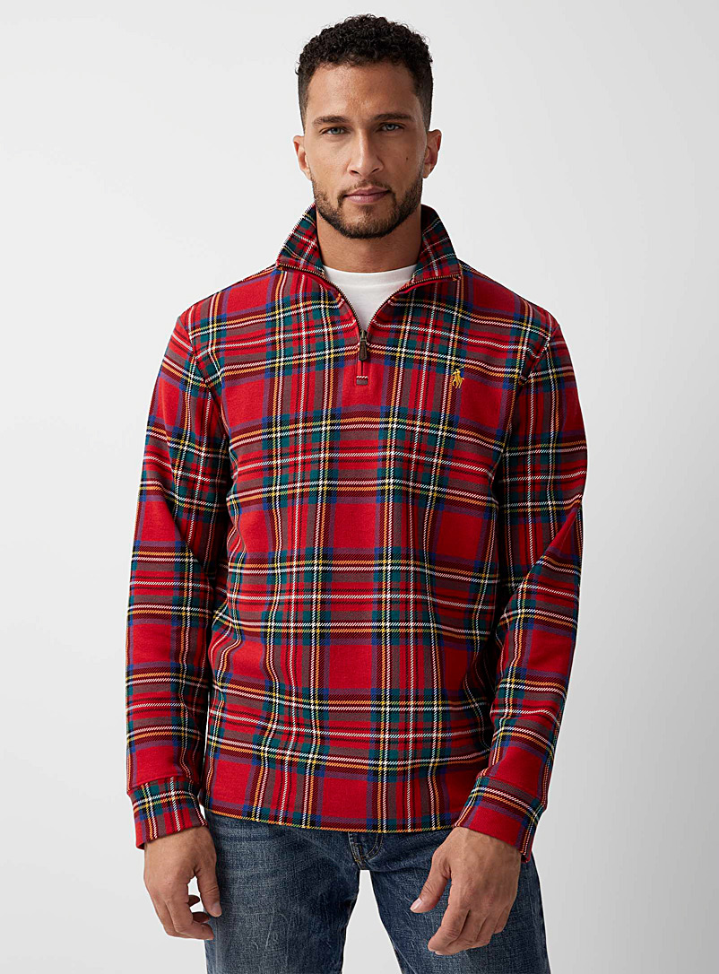 Polo Ralph Lauren: Le t-shirt tartan col zippé Rouge à motif pour homme