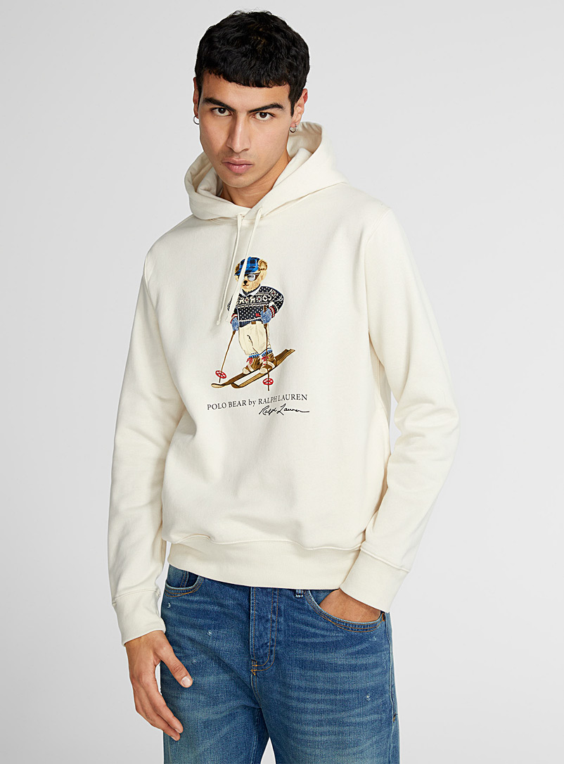 Polo Ralph Lauren Cream Beige Skiing teddy bear hooded sweatshirt for men