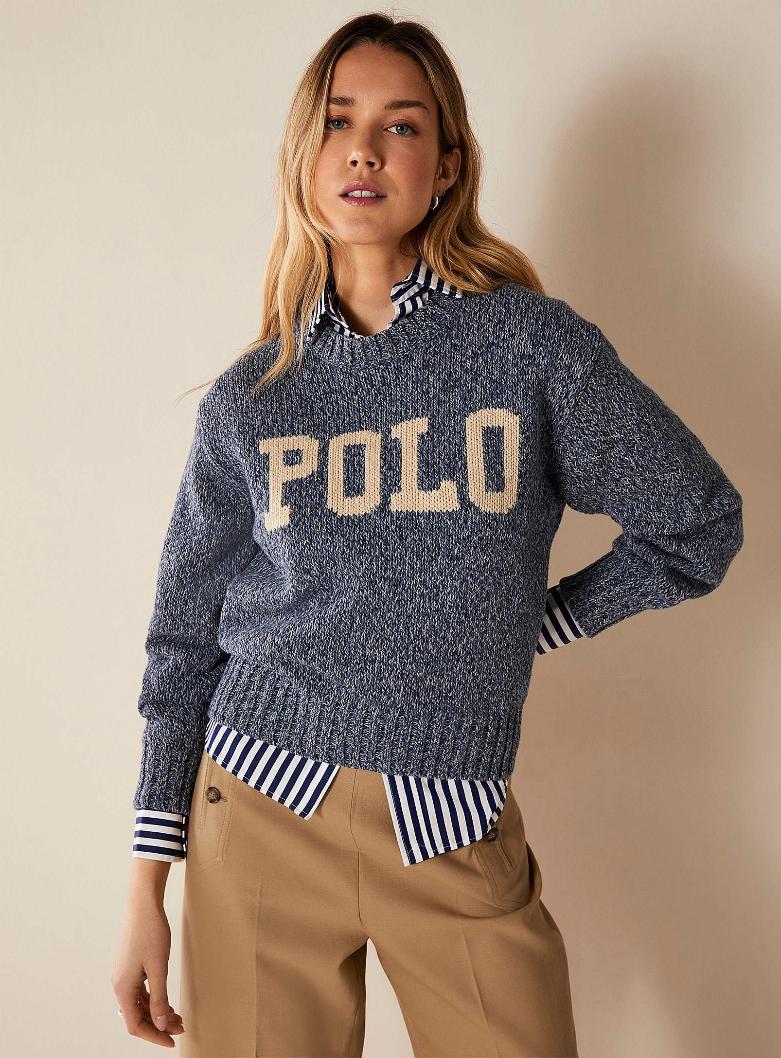 Polo Ralph Lauren Contrasting Logo Heathered Sweater In Blue