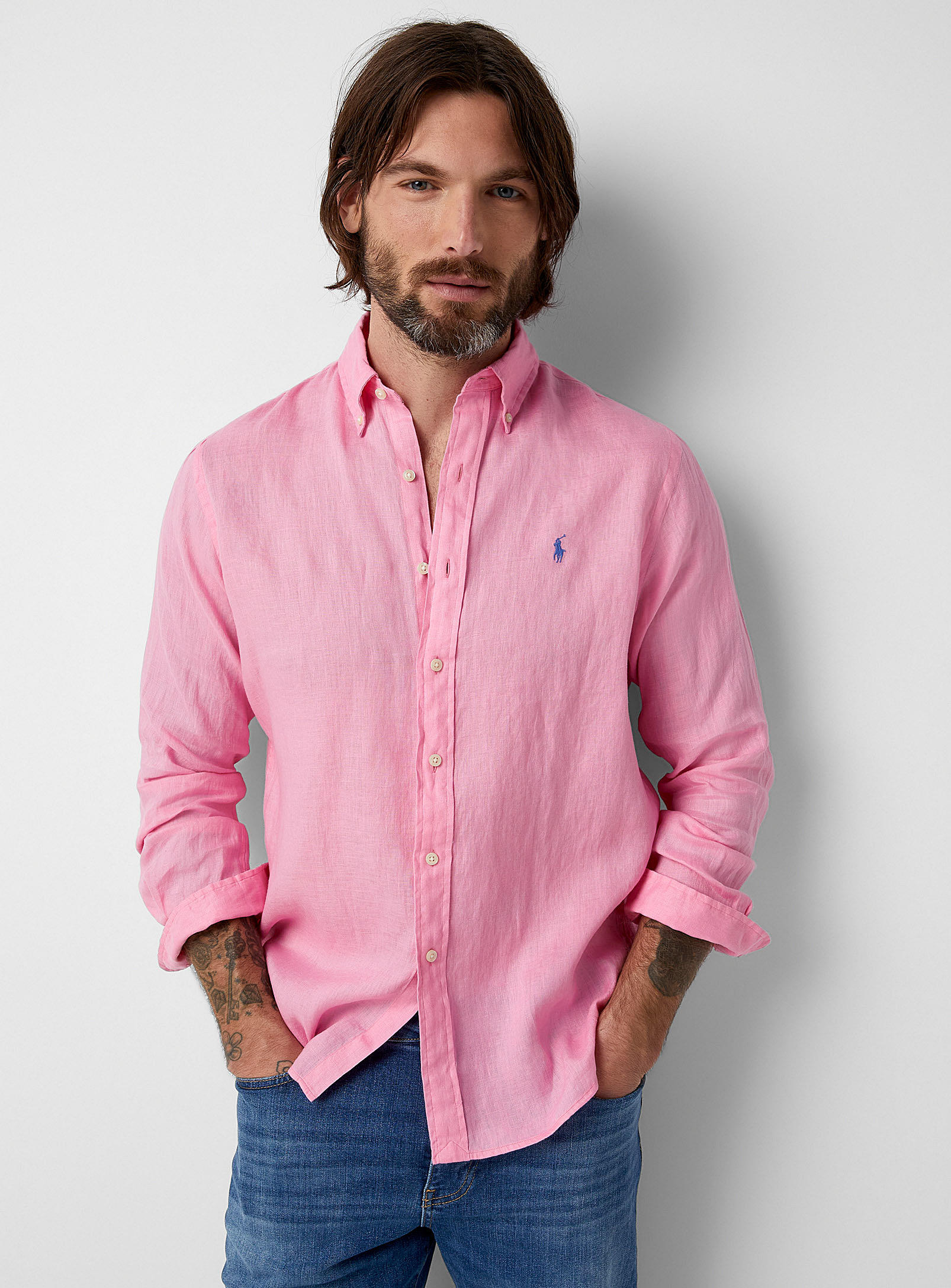 Shop Polo Ralph Lauren Embroidered Logo Pure Linen Minimalist Shirt In Pink