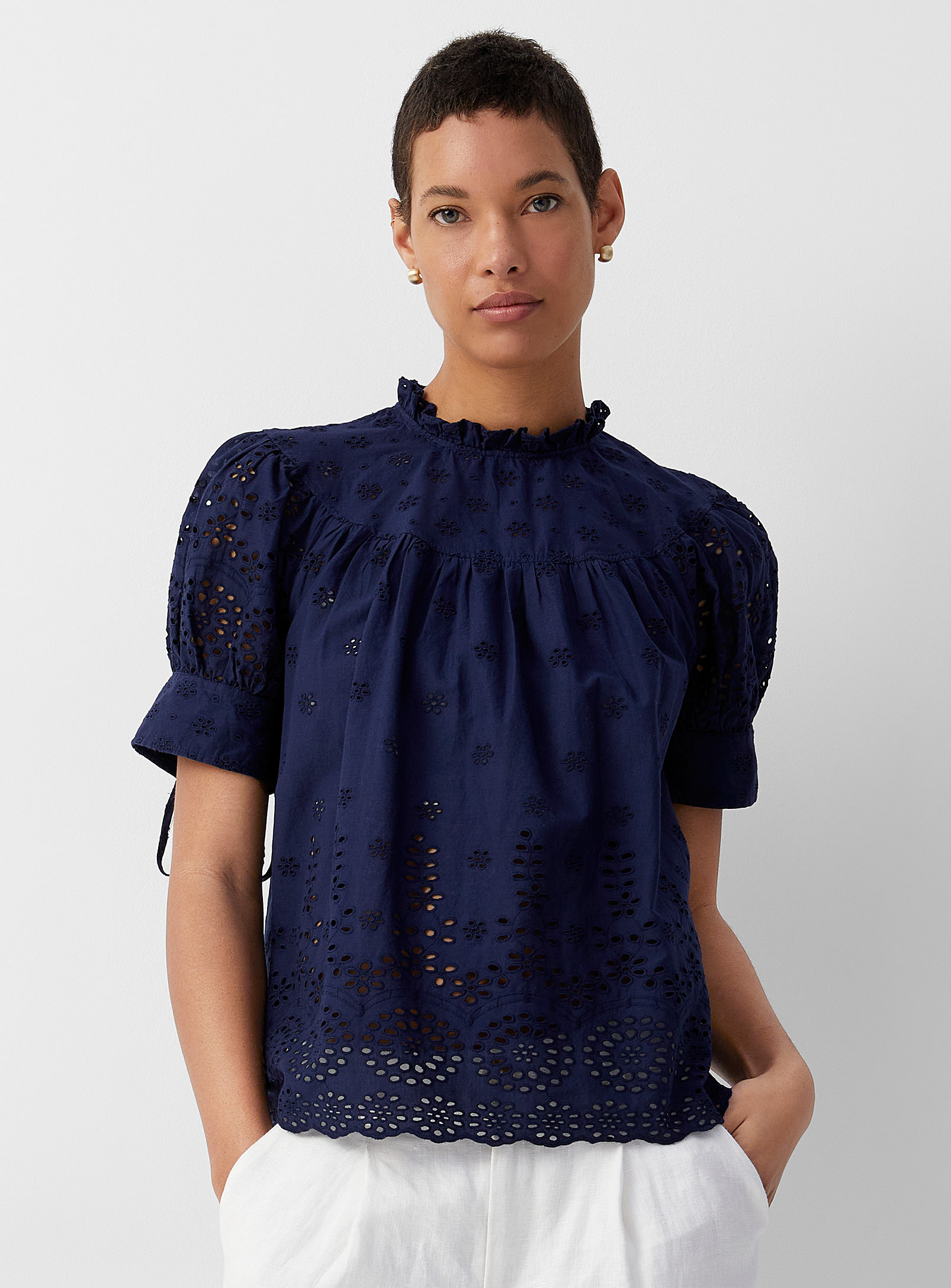 Polo Ralph Lauren Puff-sleeve Broderie Anglaise Blouse In Marine Blue ...