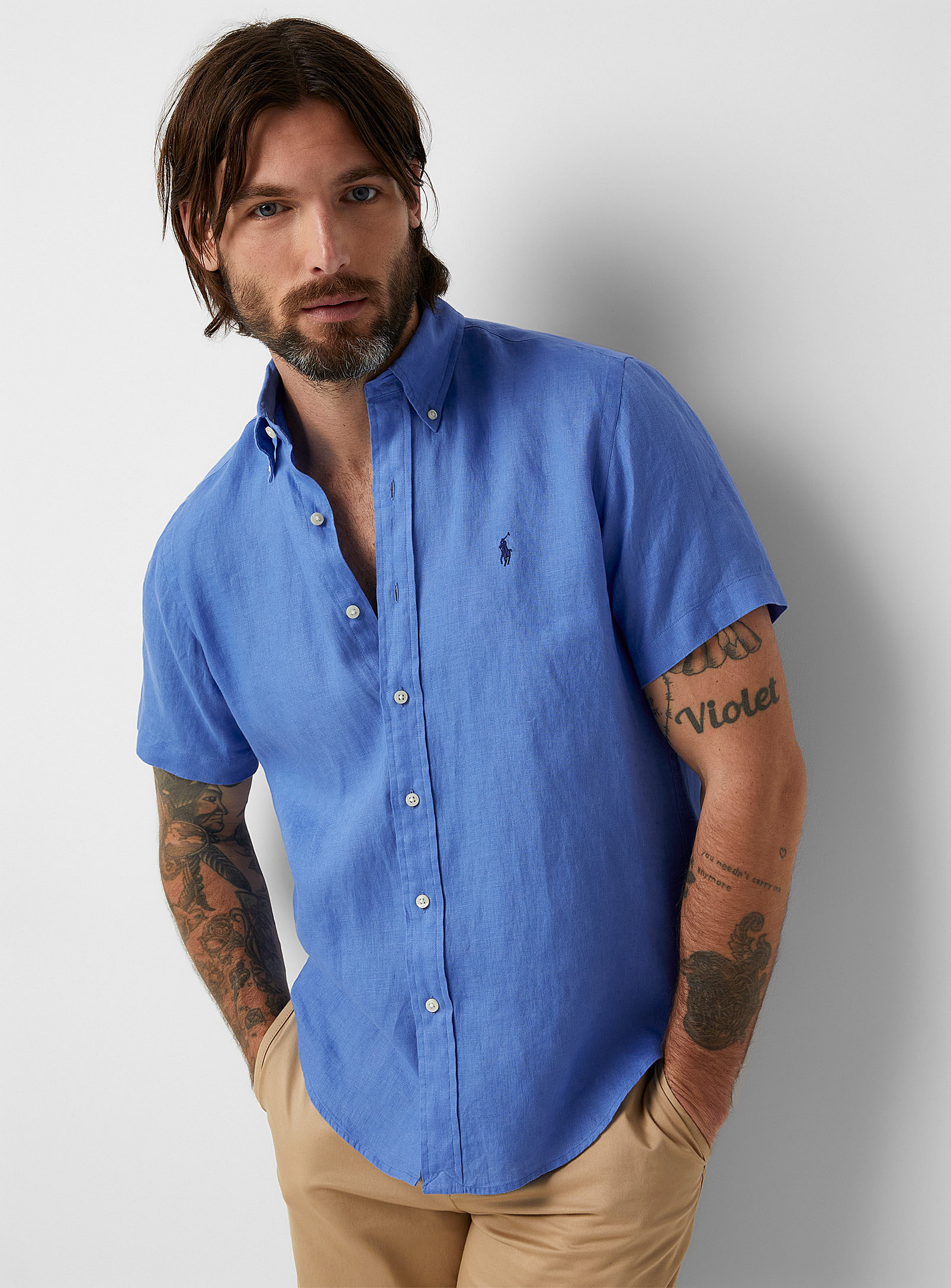 Polo Ralph Lauren Embroidered Logo Pure Linen Shirt In Baby Blue
