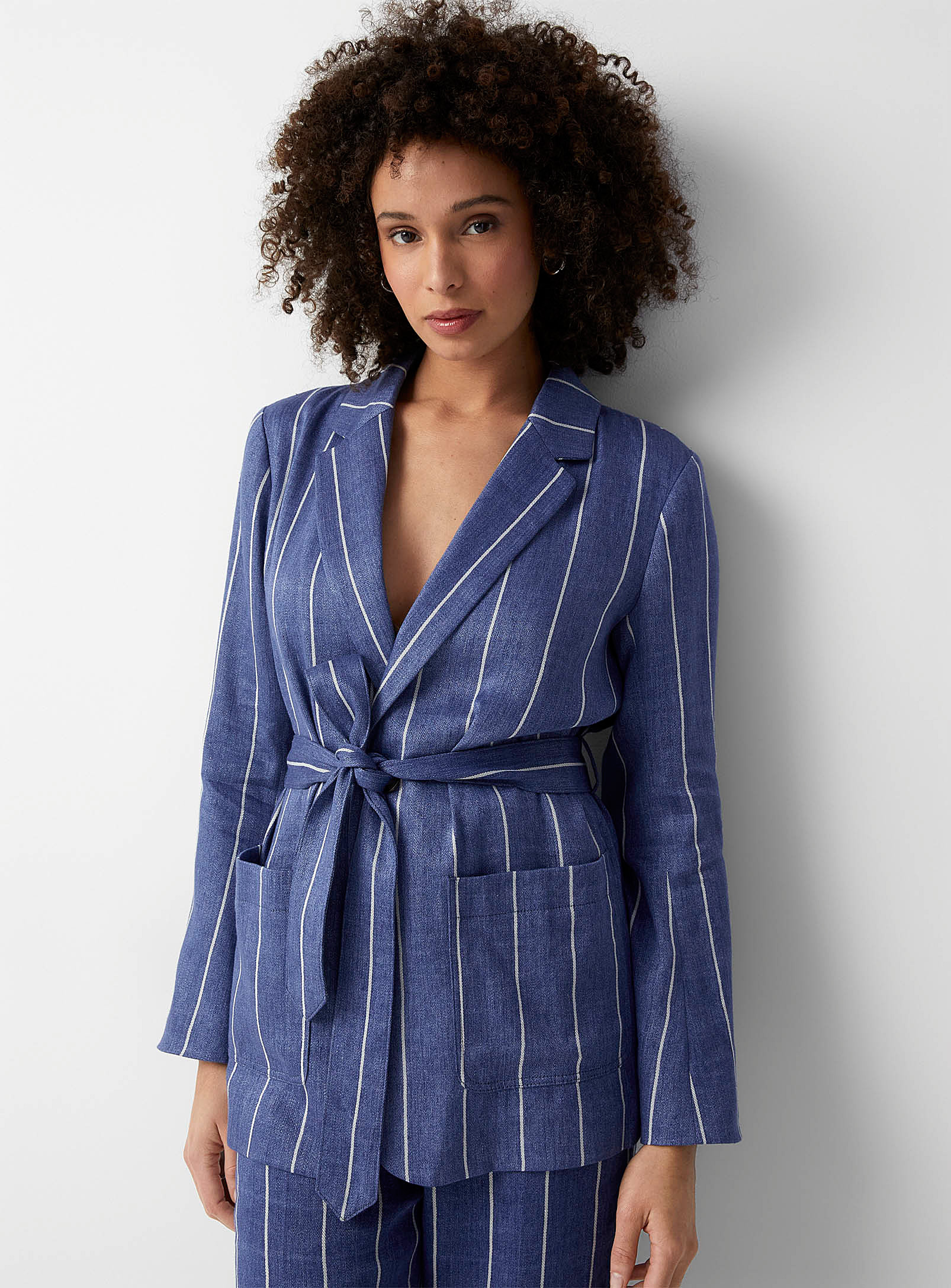 Polo Ralph Lauren - Women's Striped chambray linen belted Blazer Jacket( Women, Blue, | Square One