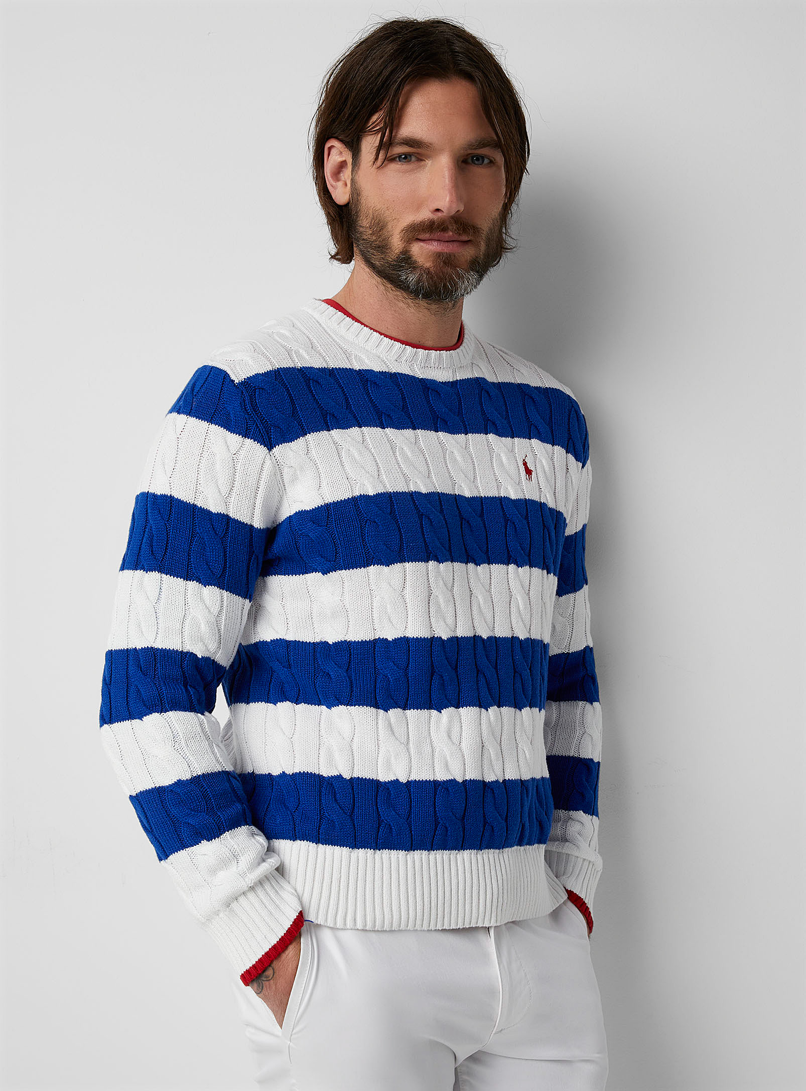 Polo Ralph Lauren Twisted-cable Knit Striped Sweater In White