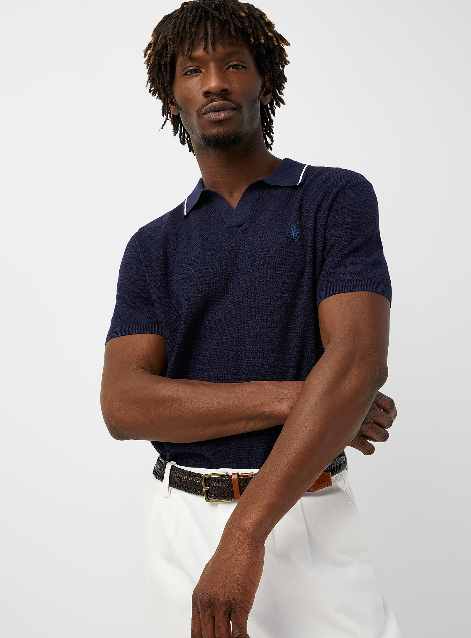 Shop Polo Ralph Lauren Embossed Knit Johnny Collar Polo In Marine Blue