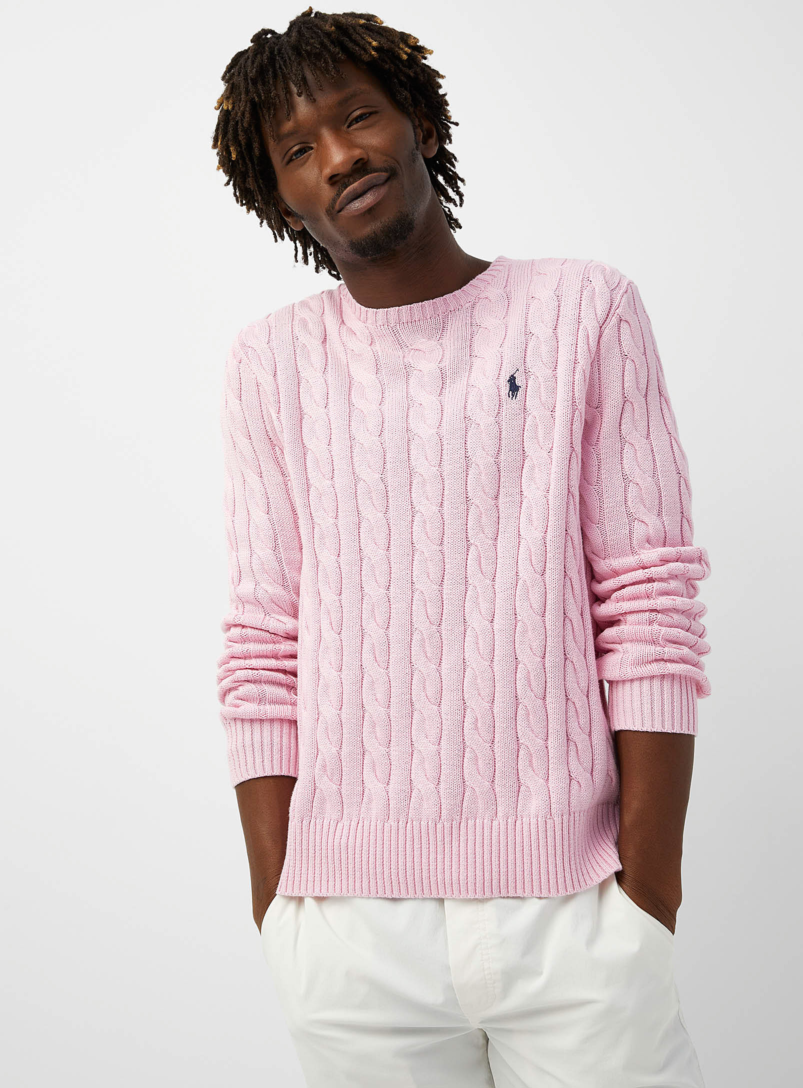 Polo Ralph Lauren Embroidered Rider Twisted-cable Sweater In Pink