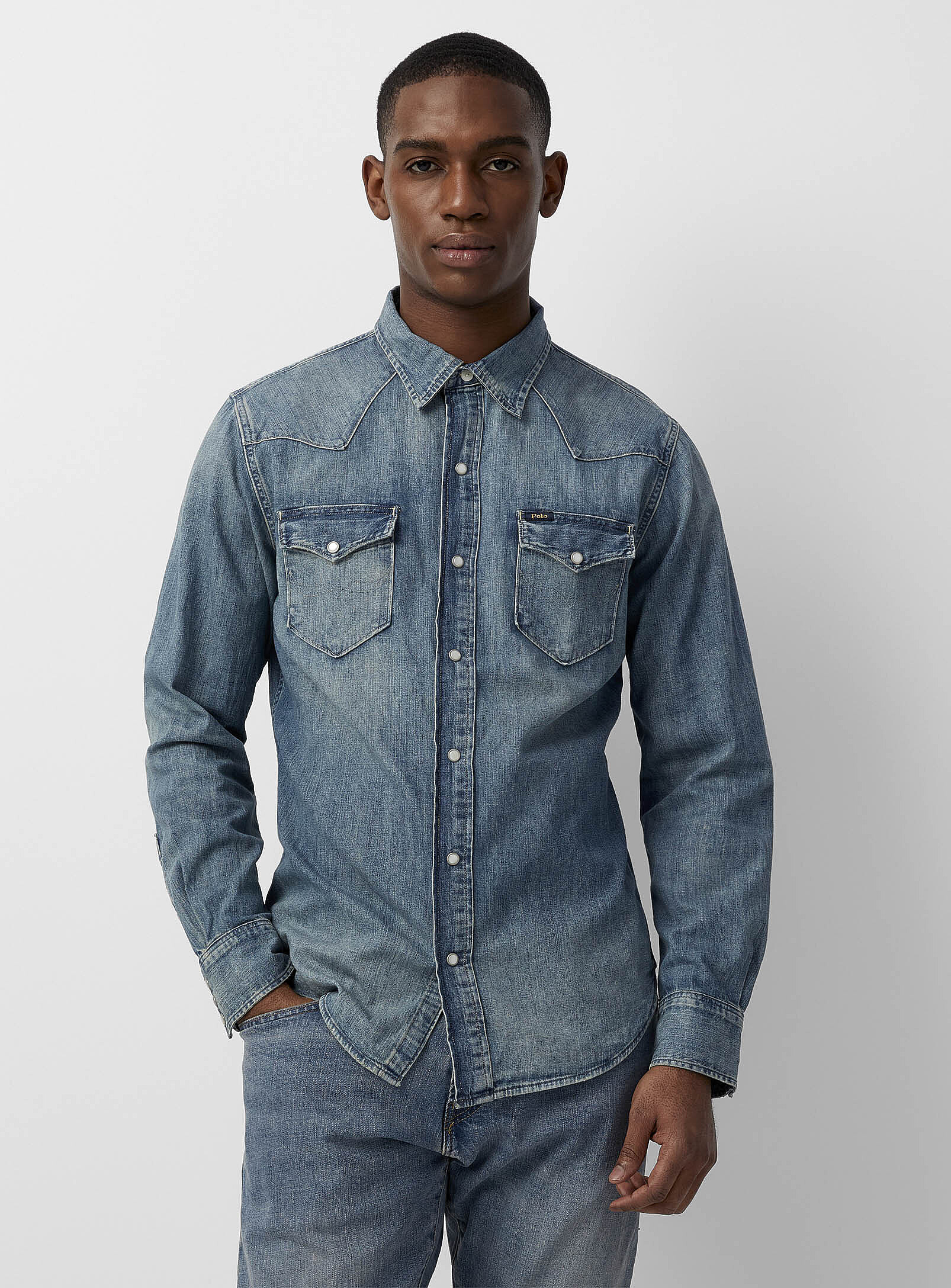 polo denim dress shirt Ralph Lauren Men's Cotton-Linen Denim Western Shirt