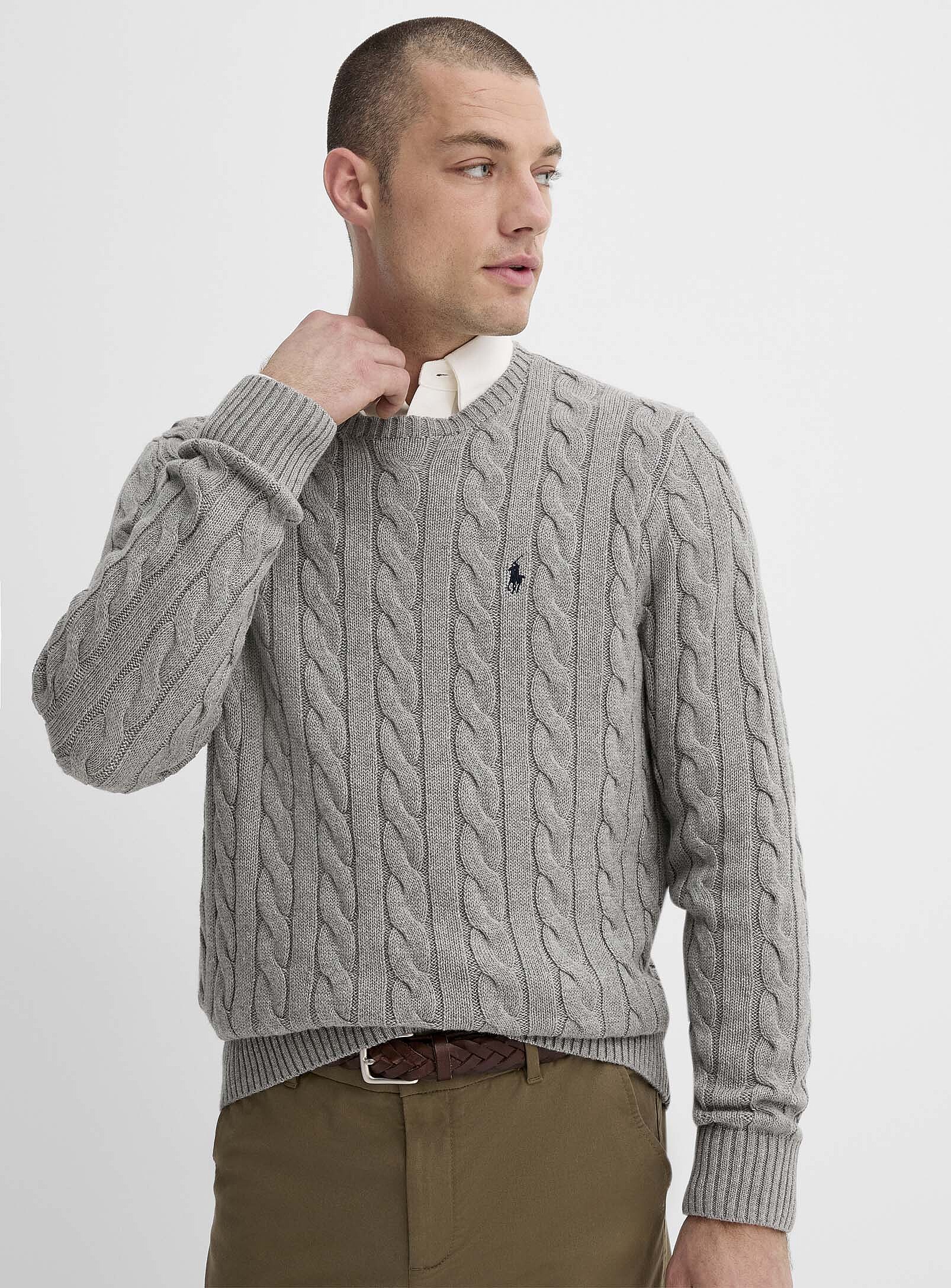 Polo Ralph Lauren - Embroidered rider twisted-cable sweater (Men, Grey, LARGE)
