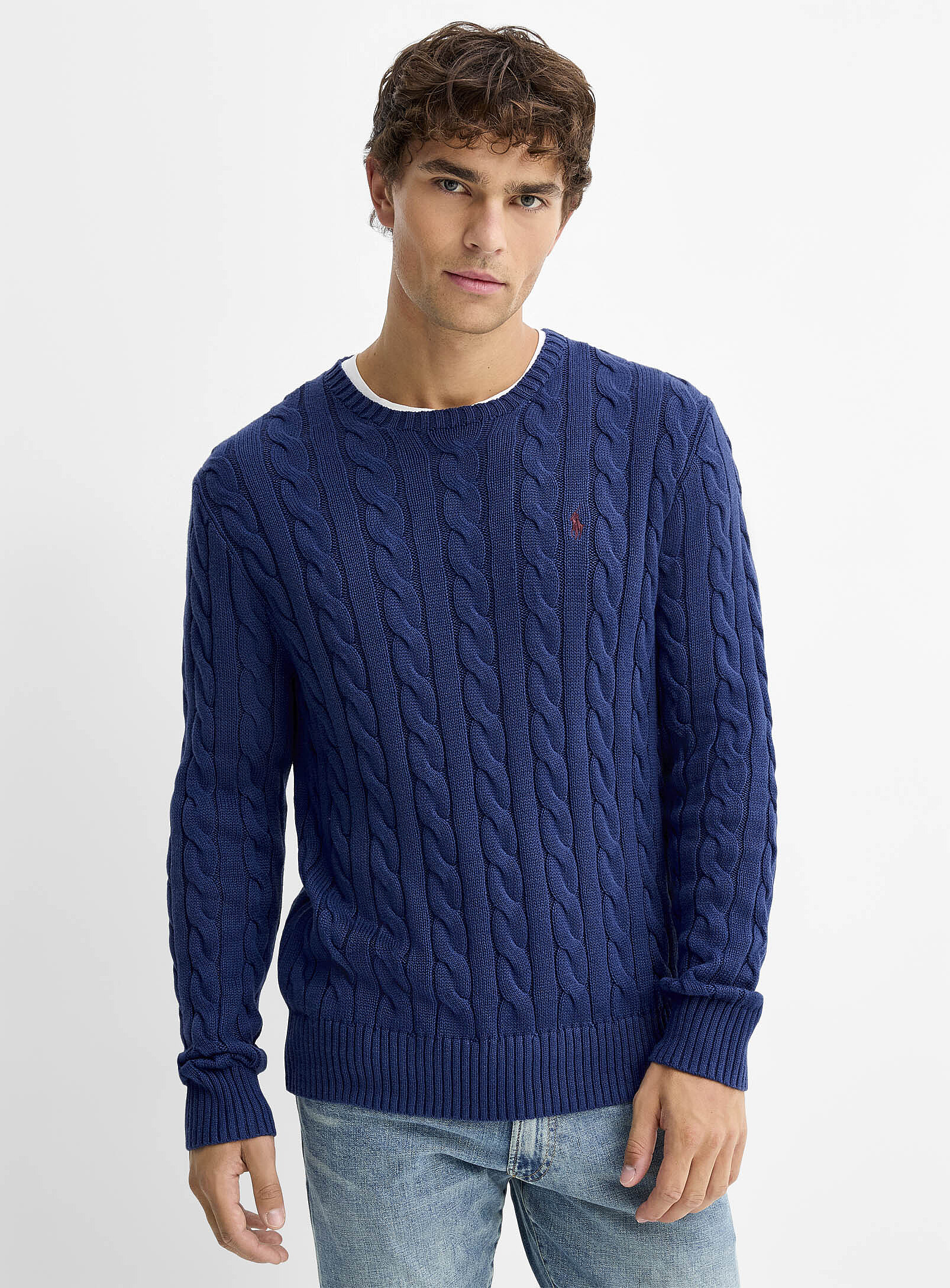 Polo Ralph Lauren - Embroidered rider twisted-cable sweater (Men, Blue, SMALL)