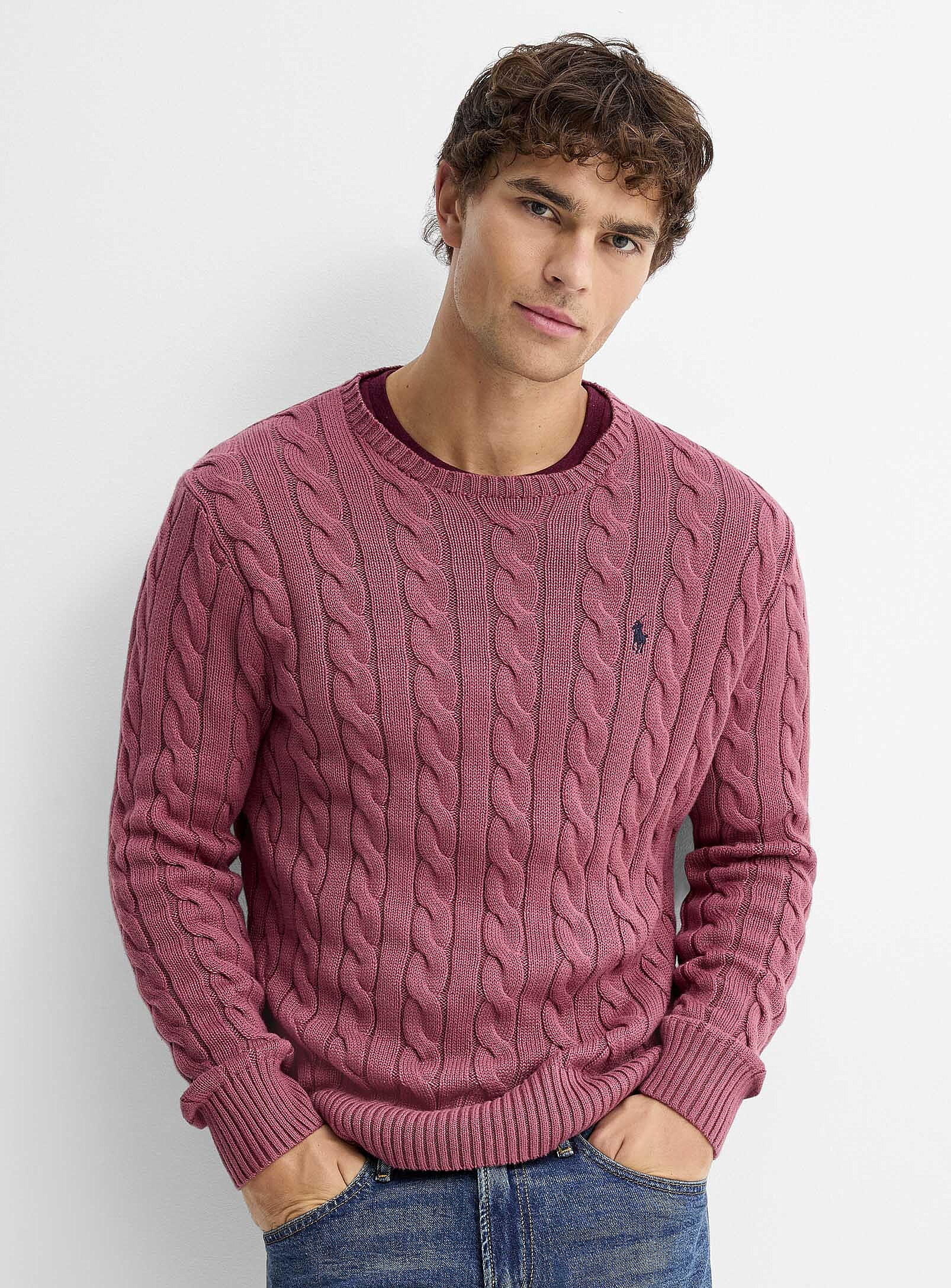 Polo Ralph Lauren - Embroidered rider twisted-cable sweater (Men, Crimson, SMALL)