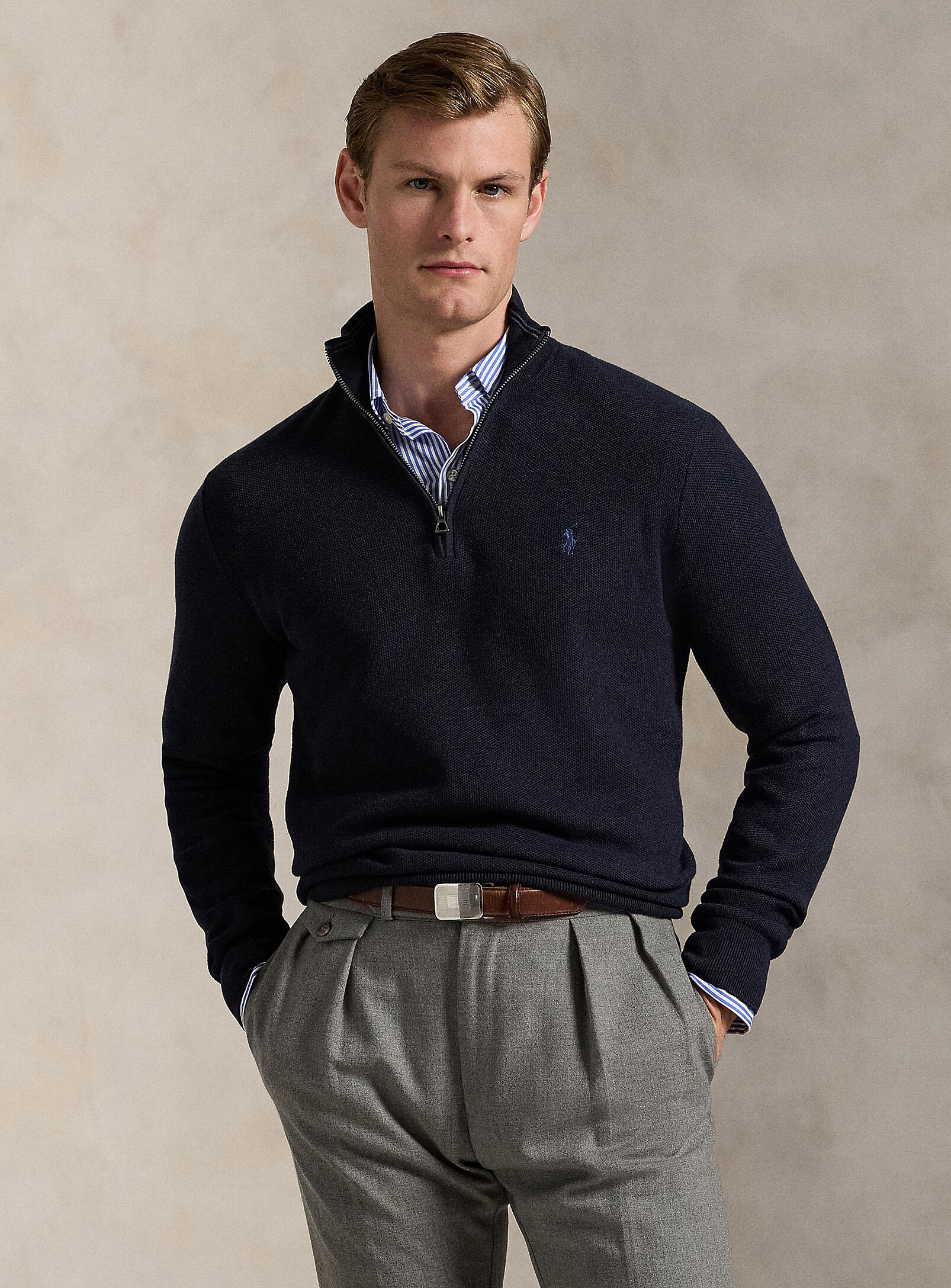 Polo Ralph Lauren - Honeycomb knit zip-neck sweater (Men, Blue, LARGE)
