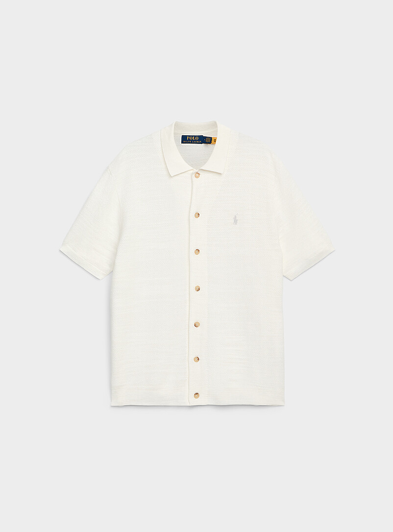 Polo-collar herringbone-textured knit cardigan product image (primary)