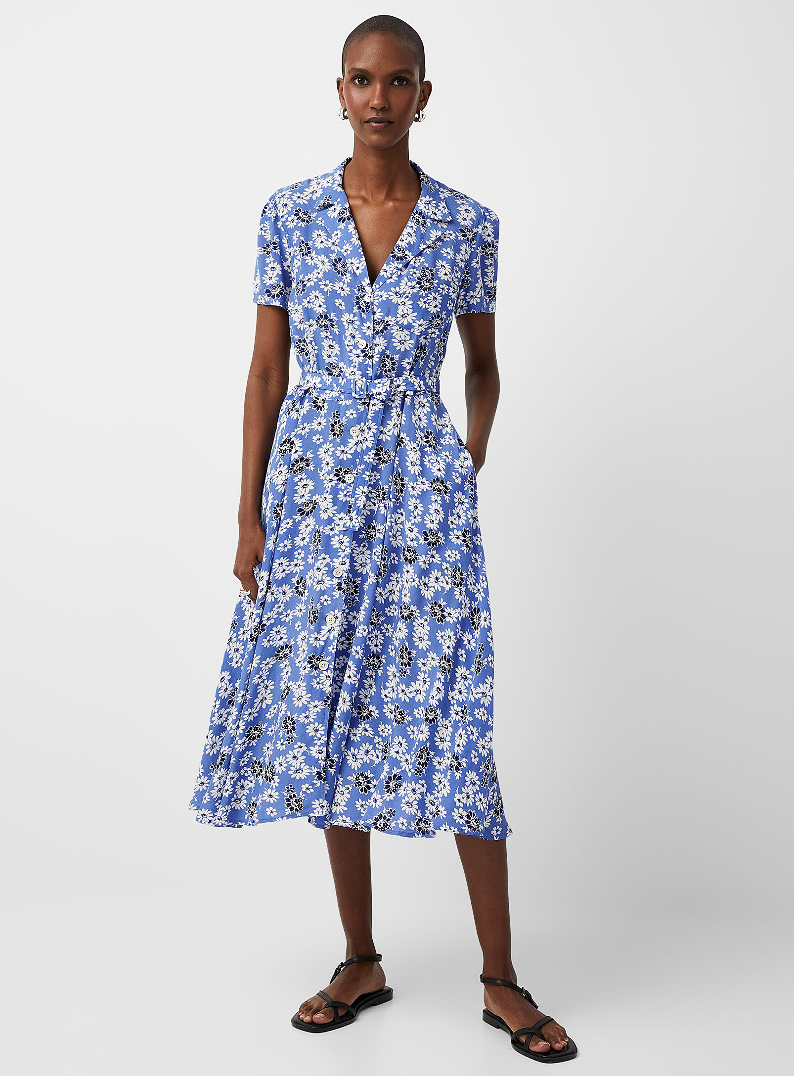 Polo Ralph Lauren Summer Daisies Notch Collar Belted Dress In Patterned Blue
