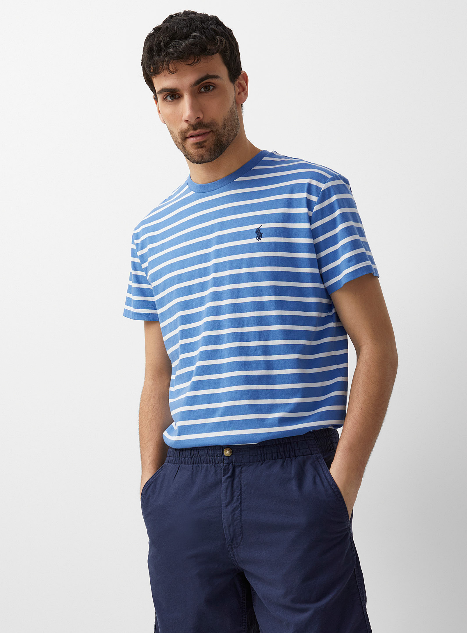 Polo Ralph Lauren Embroidered Rider Twin-stripe T-shirt In Blue
