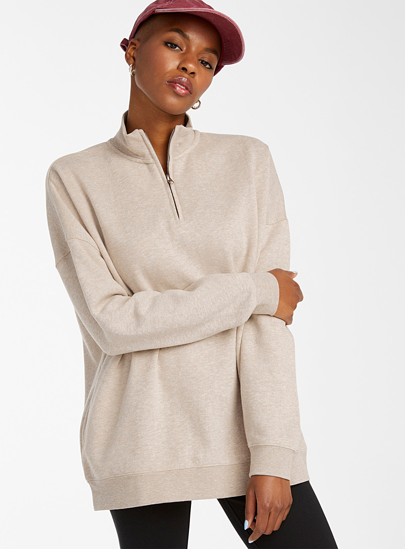 Twik Cream Beige Organic cotton half-zip sweatshirt for women