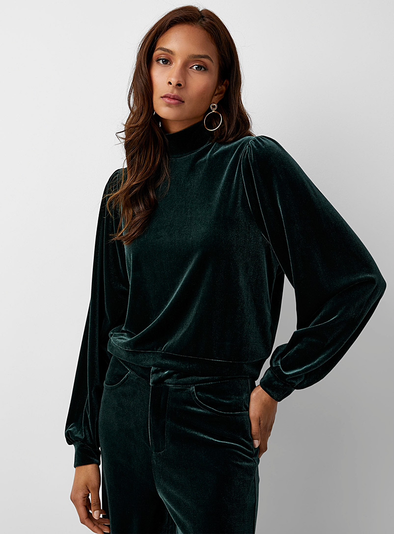 Icône Mossy Green Puff-sleeve velvet sweatshirt for women