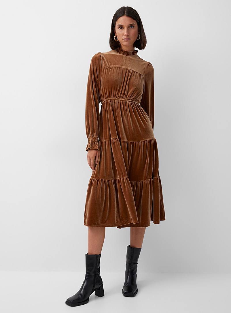 Icône Dark Brown Silky velvet ruffled midi dress for women