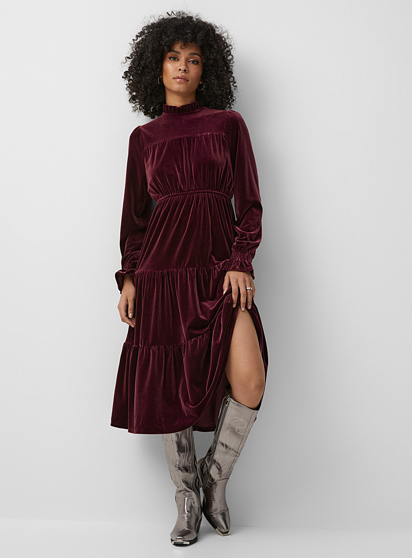 Icône: La robe midi à volants velours soyeux Rouge foncé-vin-rubis pour femme
