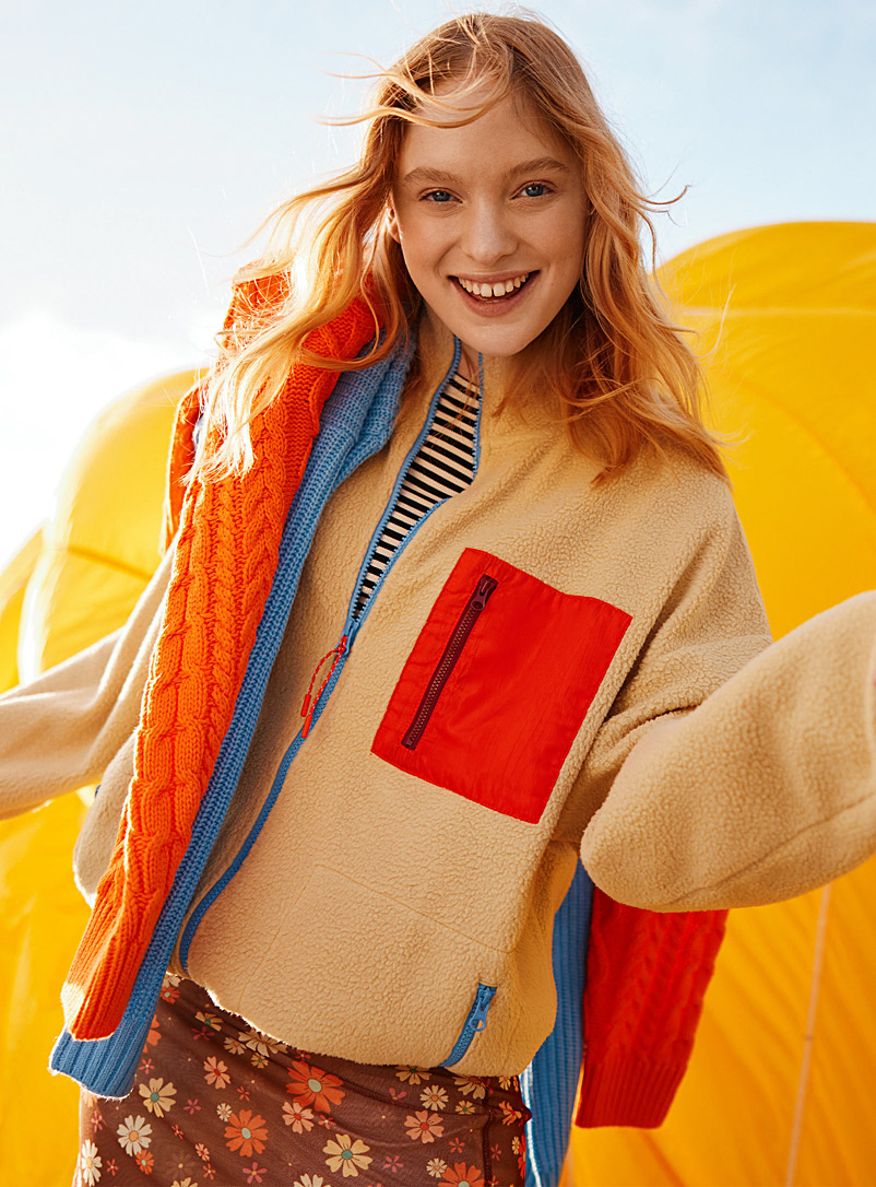 Twik Patterned Brown Contrast-pocket zip-up sherpa sweatshirt for women