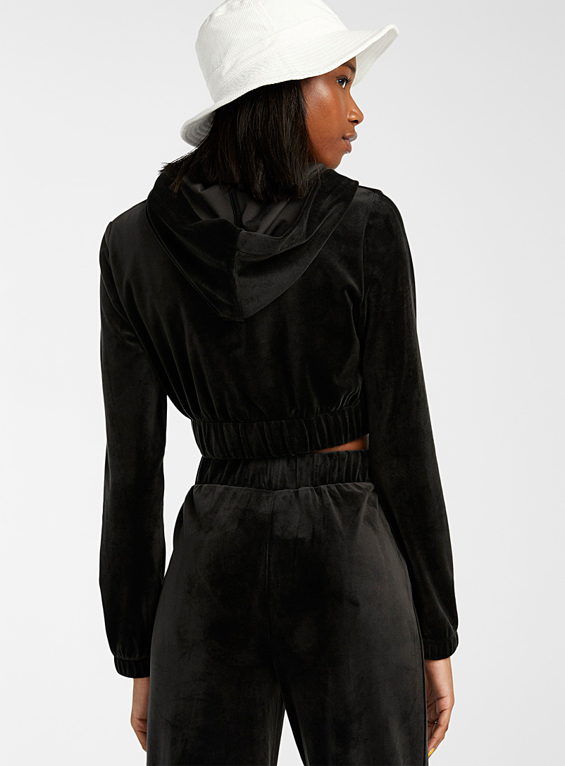 Twik Black Cropped velvet zip-up hoodie for women