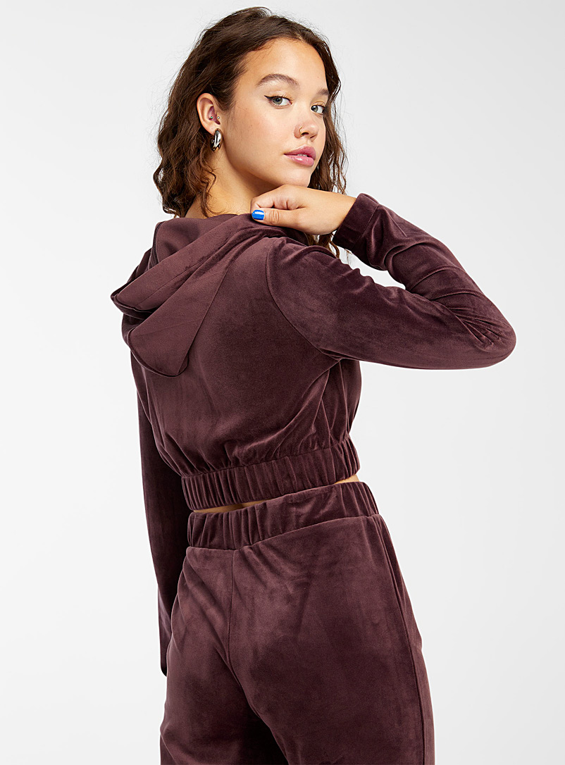 Twik Black Cropped velvet zip-up hoodie for women