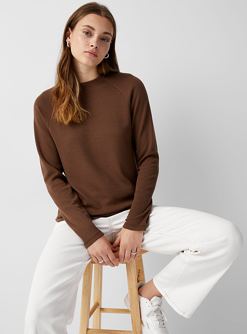 Twik Brown Long-sleeve raglan waffled T-shirt for women