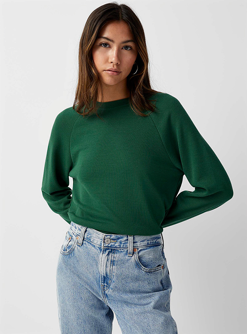 Twik: Le t-shirt gaufré raglan manches longues Vert foncé-mousse-olive pour femme