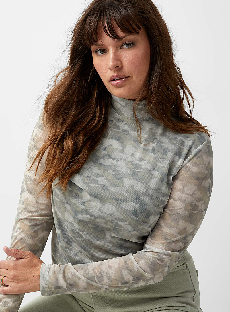 Contemporaine Patterned Grey Printed micro-mesh mock-neck tee for women